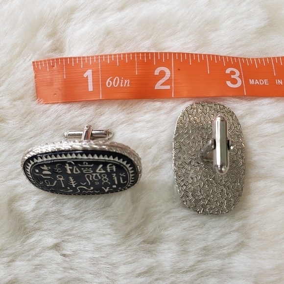 VINTAGE Large Hieroglyphics Egyptian Revival Cufflinks Etched Glass Cabochon - Picture 3 of 4